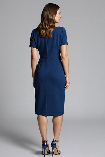 Short Sleeves Navy Bodycon Ruched Midi Work Dress